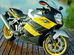 Yellow, BMW, lake, motor-bike